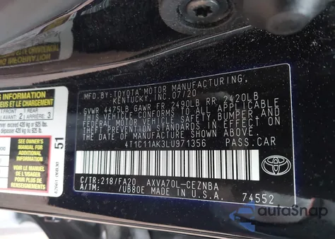 2020 Toyota Camry Le from USA, damaged, VIN 4T1C11AK3LU971356